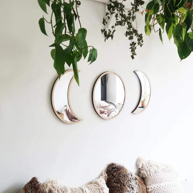 

Nordic Style Wooden Moonphase Mirror Set Boho Style Decoration Moon Phase Mirror Set Home Kids Room Decor Moon Phase Wall Mirror, Black/gold/wooden color