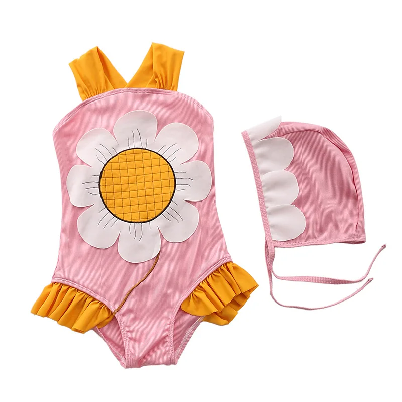 

Custom Ruffle One Piece Swim Suits Cap Sun Flower Ruffle Bathing Suit Back Cross Wholesale Kids Swimwear