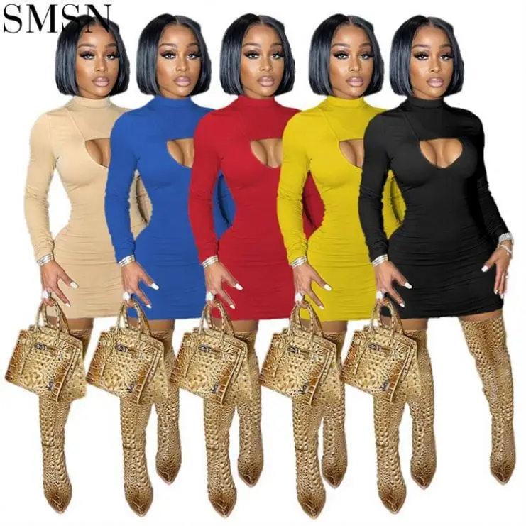 

Hot Selling Solid Color Long-Sleeved Half-High Collar Hollow Pleated Bodycon Dress Women Stylish Sexy Dress