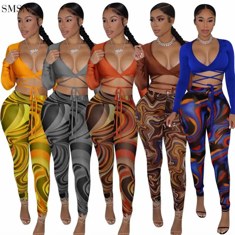 

Printed leggings wrap bandage Women 2 Piece Clothing Crop Top 2 Piece pants Set for Women 2021