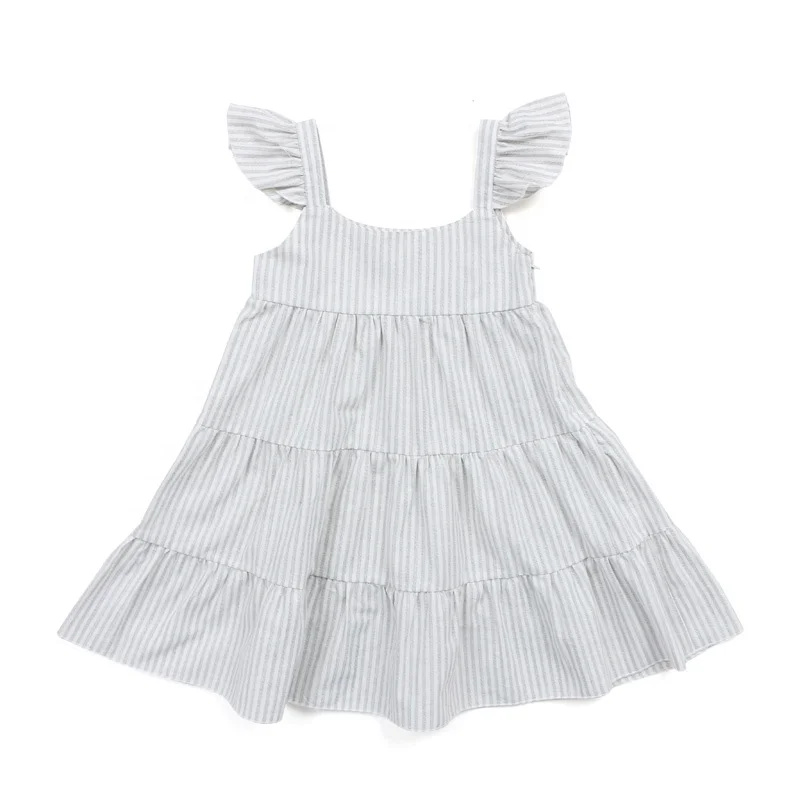 New Design Children Clothing Flutter Sleeves Kid Skirt Striped Linen ...