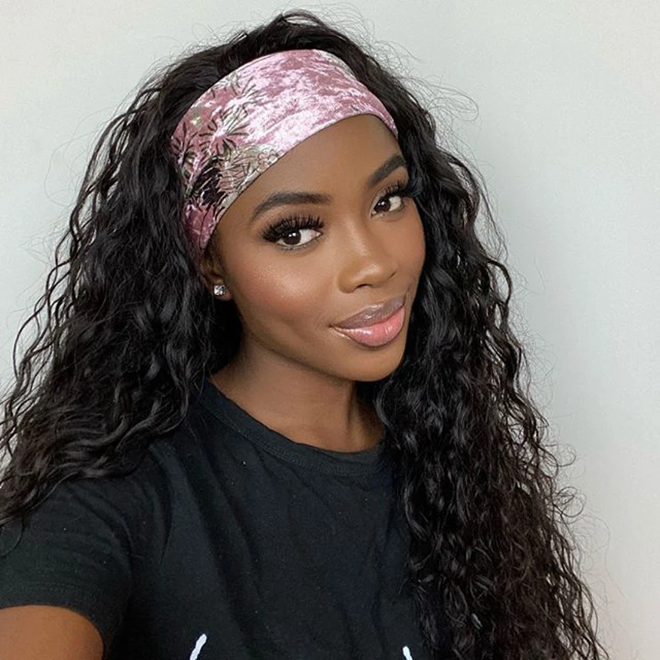 

100% human Hair Loose Curly Headband Wigs 180Density Natural Color Human Hair Machine Made Wigs with Headband