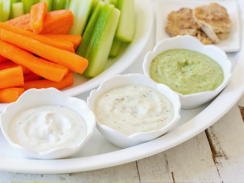 Three ranch dressing variations in small bowls with dipping vegetables