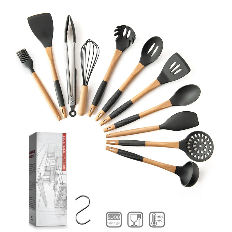 

silicone non-slip kitchen utensils wooden handle kitchen cooking tools non-stick silicone kitchenware set 11 piece set, Customized color