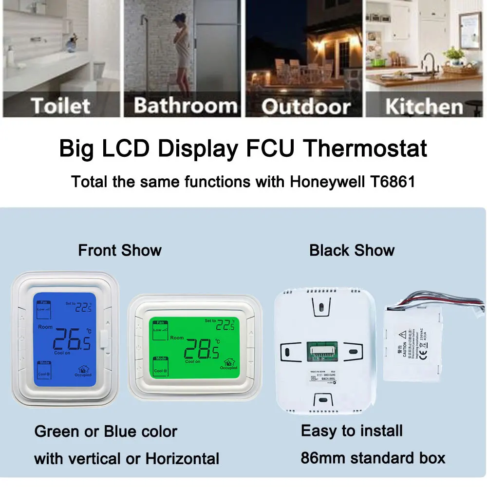 110v 220v 2 Pipe / 4 Pipe Fan Coil Control T6861 Series Large Lcd
