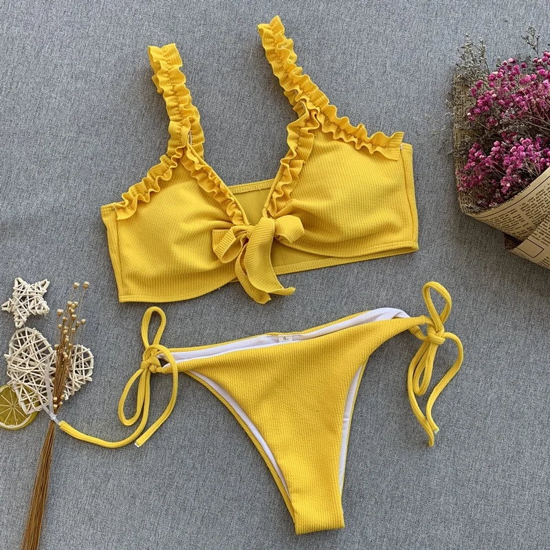 

Wholesale New Style Solid Color Bikini Women Swimsuit European And American Flower Swimsuit Ruffle Swimsuit Bikini, As show or customized