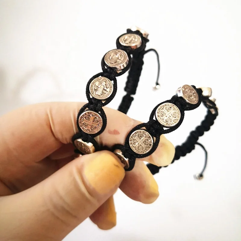 
Customized DIY Religious Handmade Adjustable St.Benedict Metal Beads Rope Catholic Bracelets 