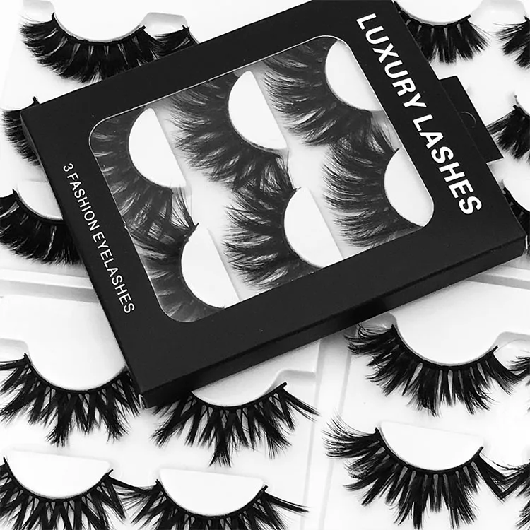 

25mm Faux Mink Eyelashes 3 Pair In 1 Pack Mink Fur Lovely Lash Eyelash Box Packaging, Natural black