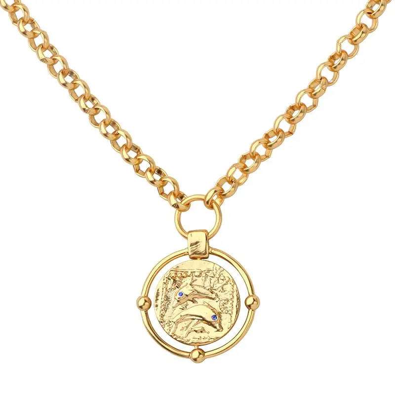 

Fun Daisy Vintage Frosted Texture Dolphin Relief 18K Gold Plated Gold Long Necklace
