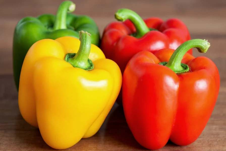 Close-up of different colored bell peppers showing yellow, red, and green varieties on a wooden table