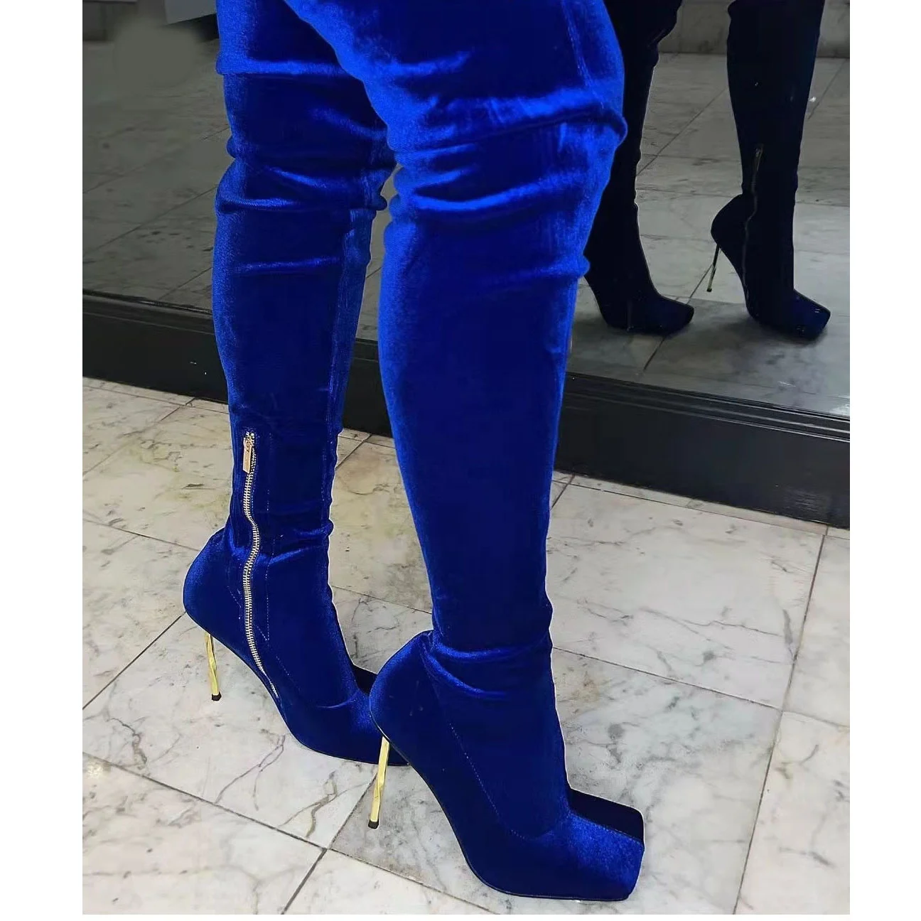 

Designer Shoes 2022 Royal blue Velvet Super Square Toe Metal Heel Women Thigh High Boots, Blue/black/wine