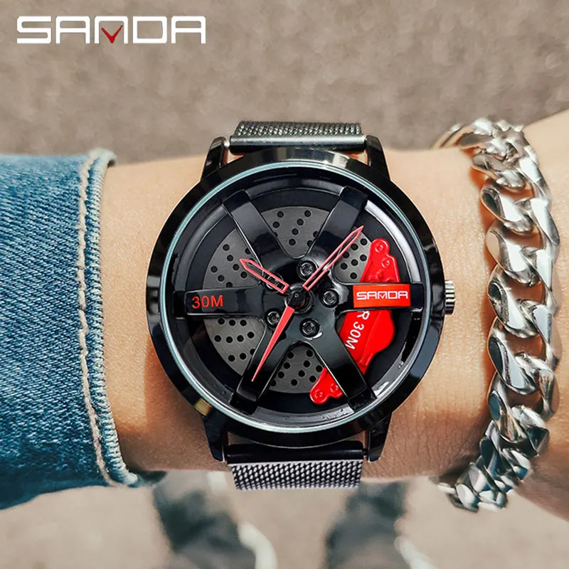 

SANDA Men Rim Hub Watch Custom Design Sports Car Watch Stainless Mesh Racing Wheel Rim Hub Quartz Watch Man WaterproofRelogio