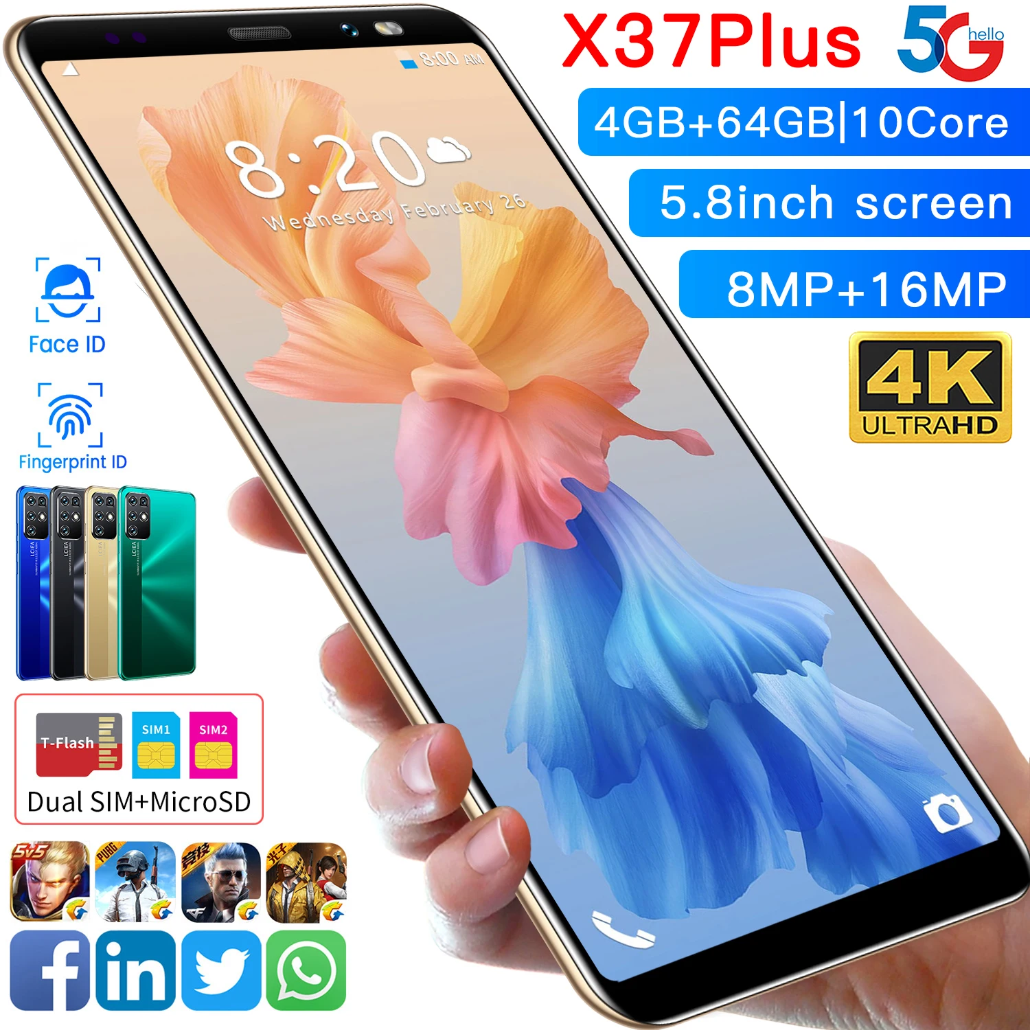 

Hot Sale X37 Plus 4GB+64GB 8MP+16MP Android 10.0 Phone 5G LTE Original 5.8 inch MTK6889 High-end Smartphone