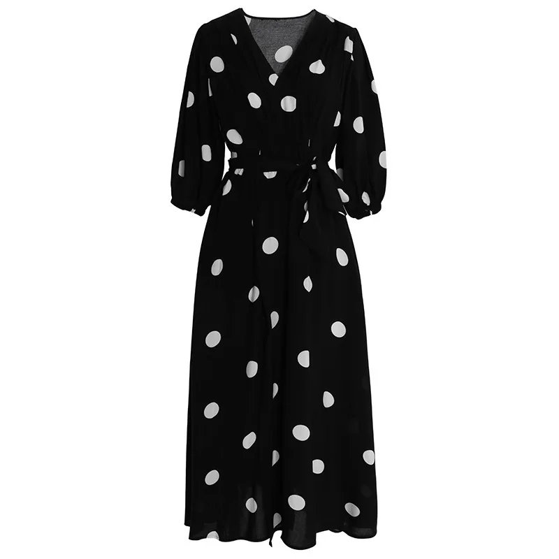 

2020 Autumn New Korean Style Polka-dot V-neck Retro Mid-length Over-the-knee Dress