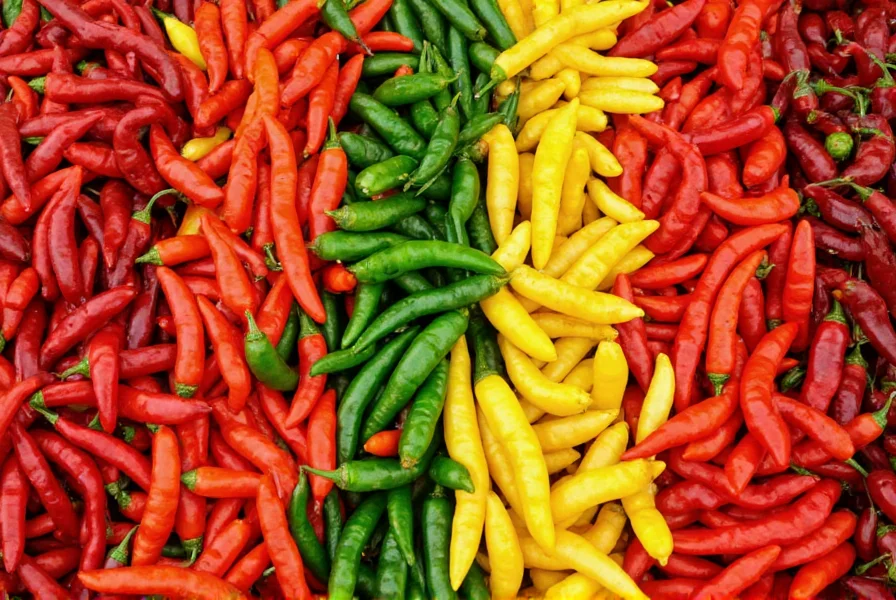 Colorful assortment of different chili pepper varieties arranged by heat level from mild to extreme