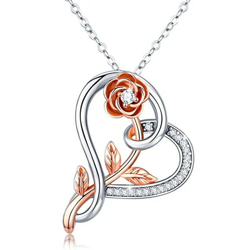 

Elegant Rose Heart Pendant Necklace Charming Women's Wedding Crystal Jewelry Romantic Valentine's Day Gift, Picture shows