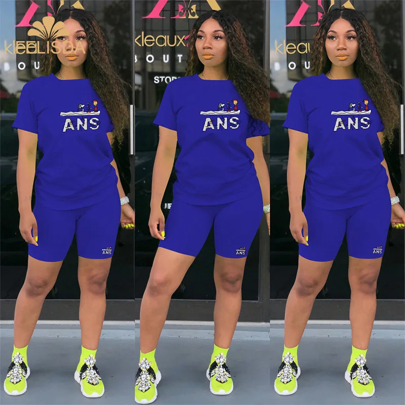 

Letter Print Causal Two Piece Set Women Clothes Round Neck T Shirts Bodycon Biker Shorts Plus Size 2 Pcs Outfit Women Clothing