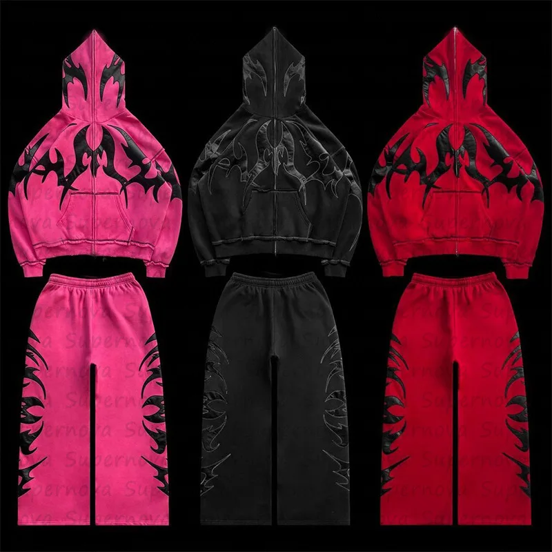 

Street Gothic Autumn And Winter New Thorn Pattern Foam Print Retro Zipper Hoodie Men's Hoodie Set
