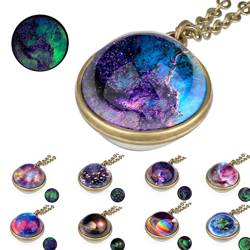 

Double-sided glass cabochon pendant Luminous Glow In Dark Moon Pendants Space Star Solar System Galaxy Universe Necklace