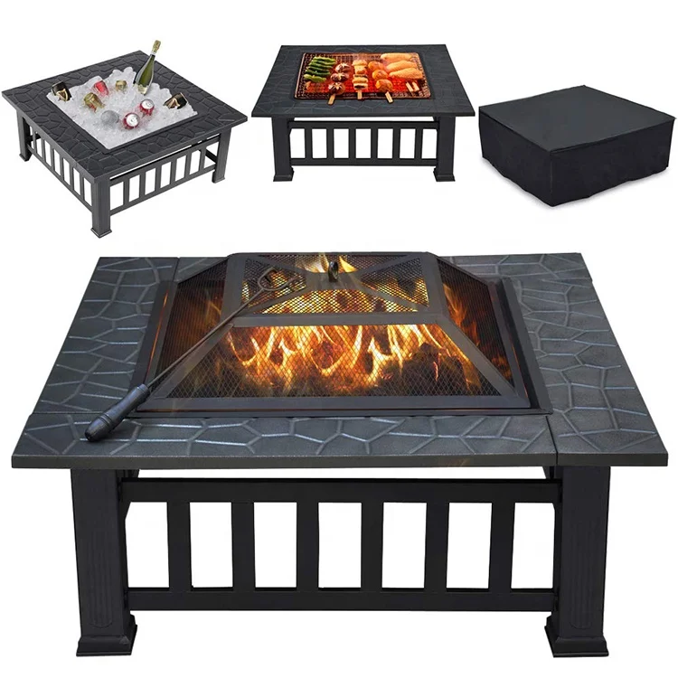 

Outdoor Wood Burning Squrae Table Fire Pit with Spark Screen, Black