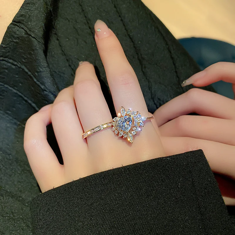 

2021 fashion women open crystal heart ring