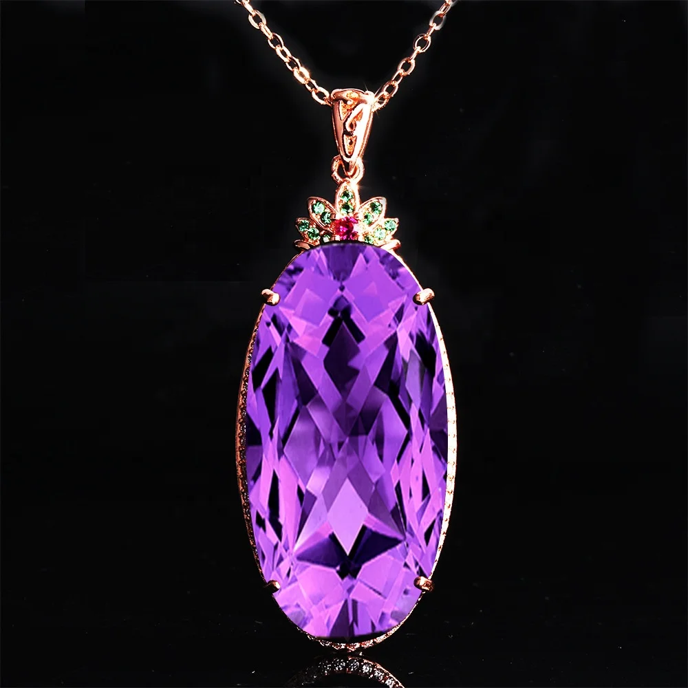 

High Quality Jewelry New Exaggeration Oval Pendant Necklace Inlay Purple Crystal Natural Stone Women's Wedding Party Fine Chain, Picture shows