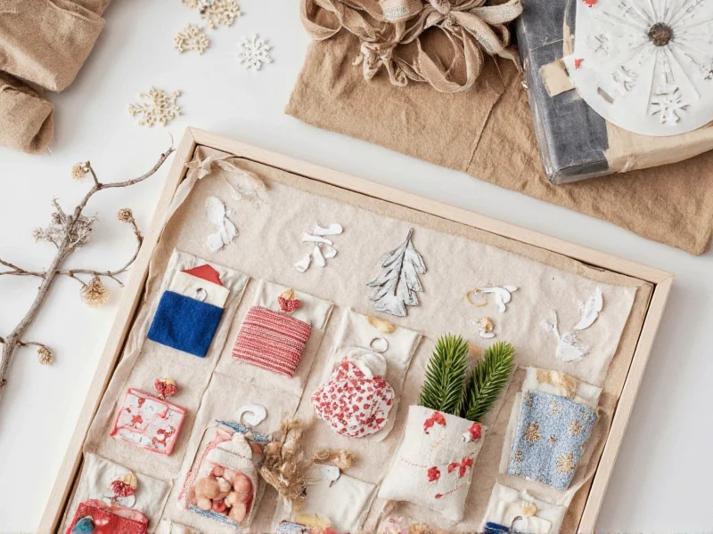 Family crafting homemade advent calendar with fabric pouches and natural decorations