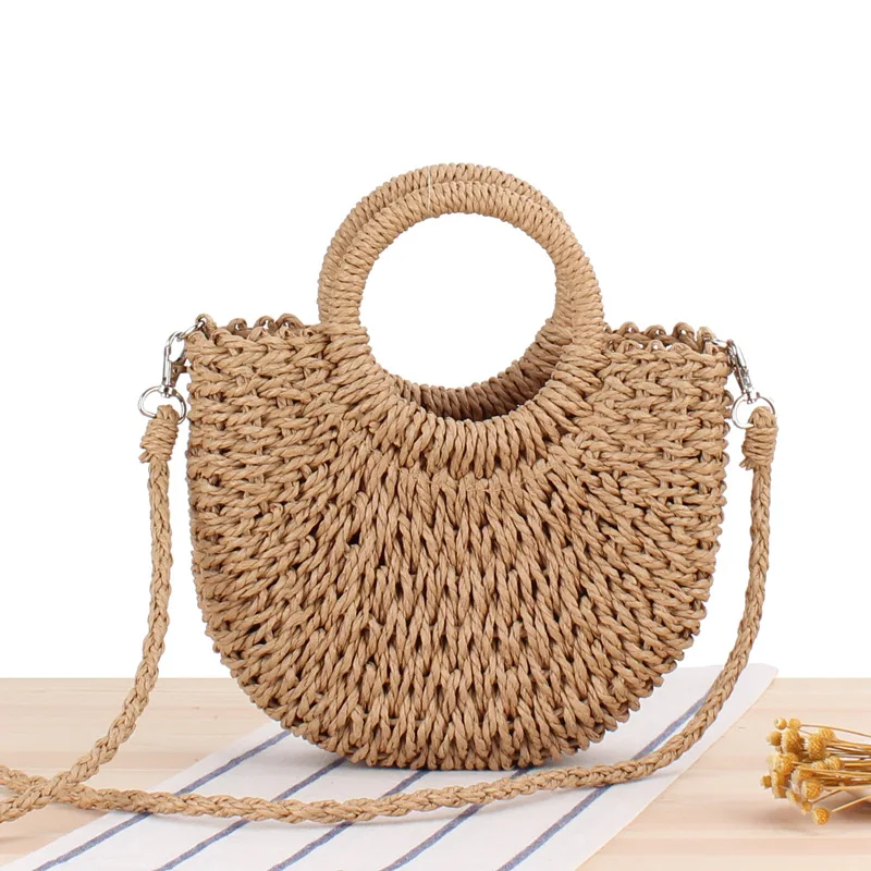 

Custom Simple Style Ins Popular Rattan Bag Ladies Crossbody Straw Tote Bags Summer Beach Hand Woven Handbag, Khaki,beige