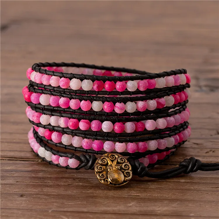 

Exclusive hot pink frosted agate wrap around bead bracelet for women and men