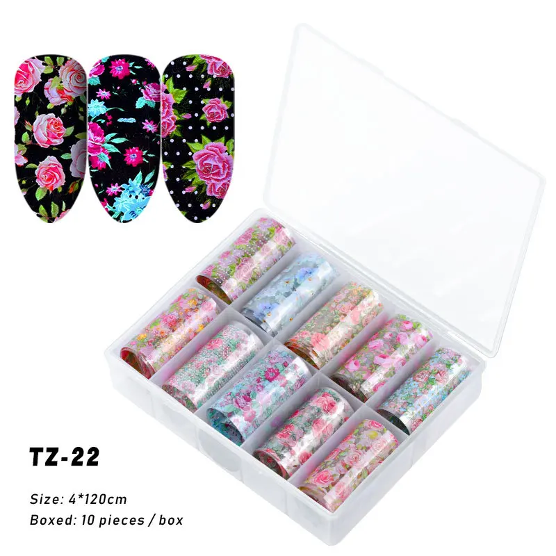 

2020 ANGNYA Hot Sale 10 Designs Nail Art Laser Stickers Fashion Flowers Nail Art Transfer Foil Stickers Star Paper, Mixed colors