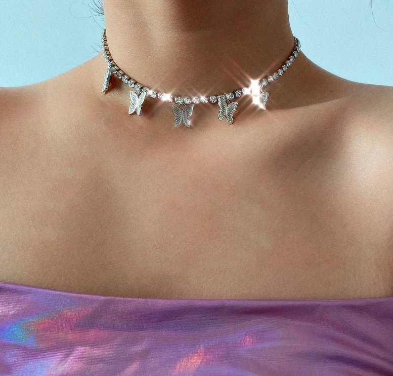 

New fashion European necklace with rhinestone-style chain butterfly pendant necklace jewelry, Silver,gold