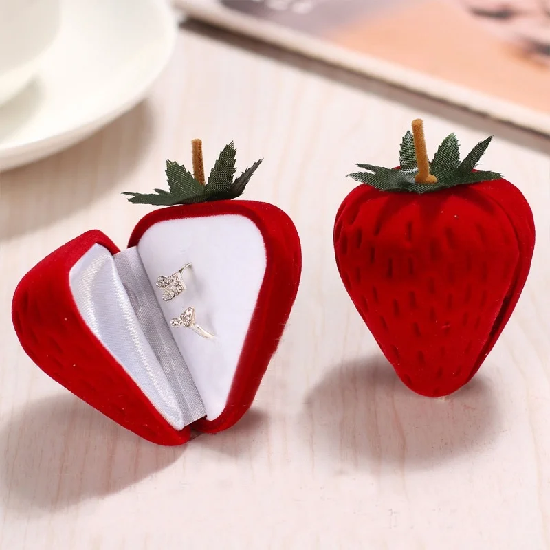 

Red Strawberry Box Form Velvet Ring Storage Case Jewelry Box Ring Protector Flocking Gift Box customized Logo