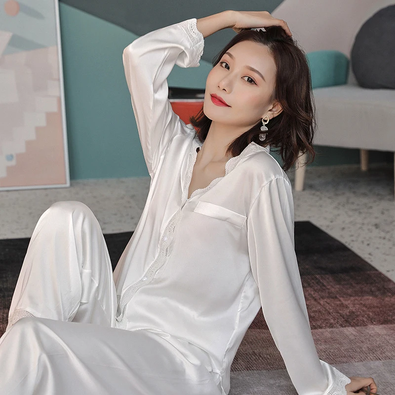 

JULY'S SONG White Satin Pajamas Set Sexy Lace V Neck Women's Sleepwear Homewear Casual Long Sleeve Faux Silk Female Loungewear, Black white