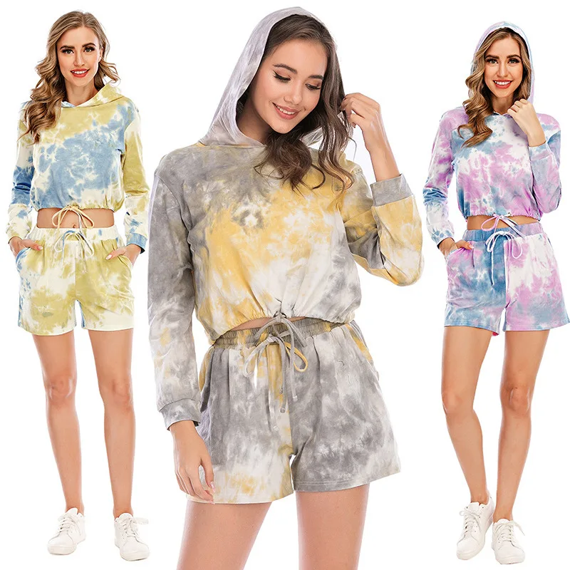 

Amazon hot sale women Tie dye cotton sleepwear long sleeve two piece short pajama set home wear, As show or customized color