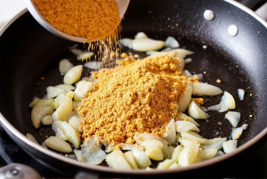 Cumin powder being sprinkled into a sizzling skillet with onions and garlic, showing the blooming process