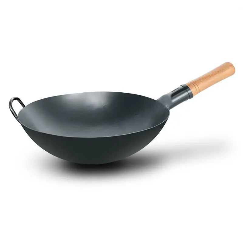 
Chinese Hand Hammered Wok Wooden Handle No Coating Round Bottom Wok Pan 