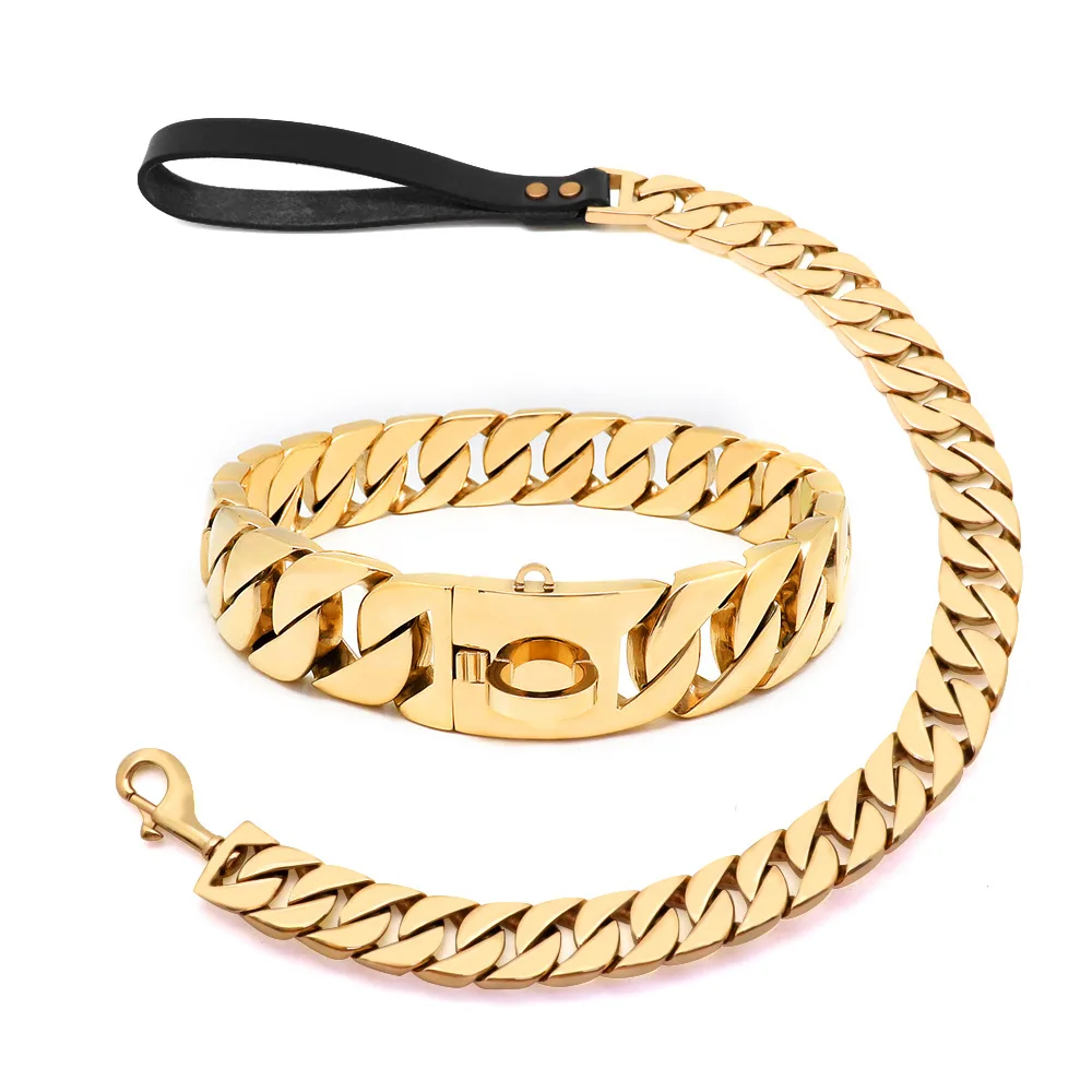 

Gold Chain Dog Collar Heavy Duty Stainless Steel Cuban Link Dog Collar Chain