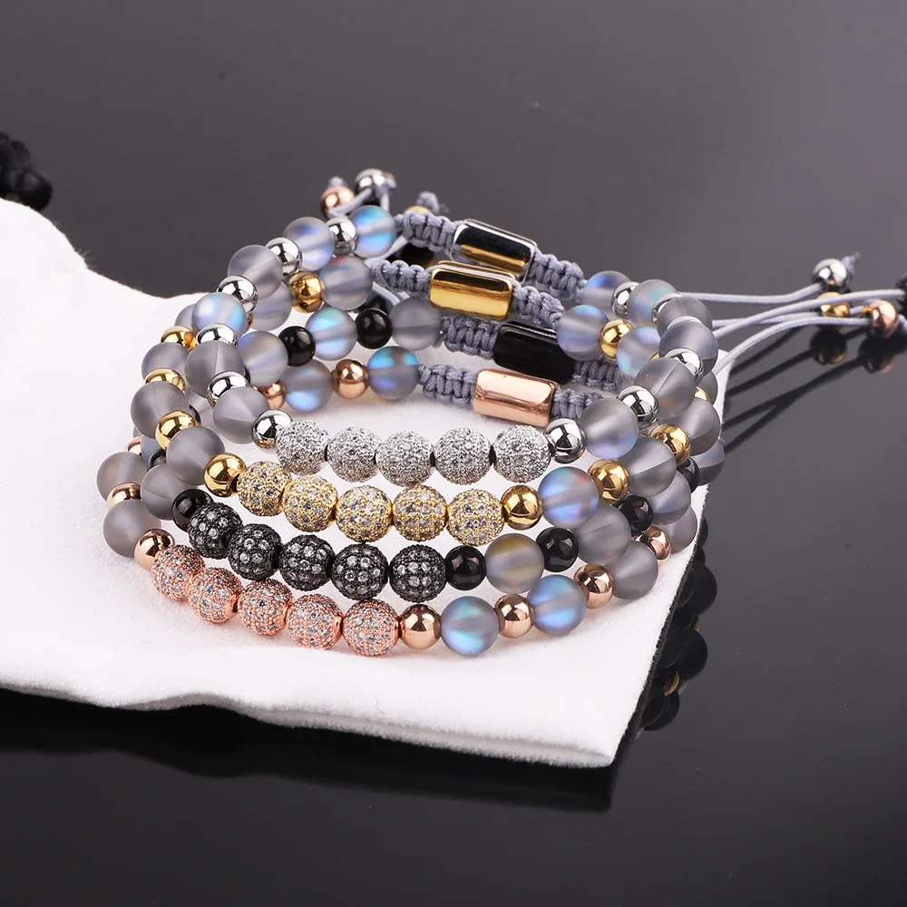 

New Design Women Bracelet Grey Frost Glitter Glass Flash Crystal Beads CZ Pave Ball Macrame Spectrolite Beads Bracelet Women