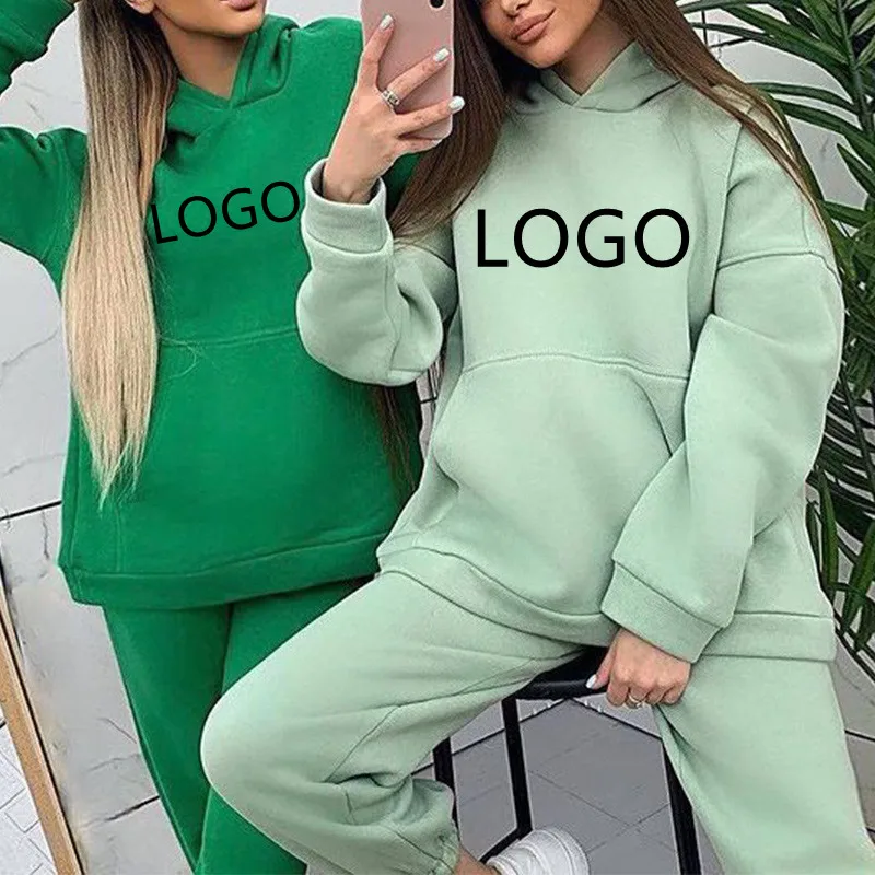 

2021 women winter hoodies custom logo set warm sweatshirt sports casual hoodies sweatshirts