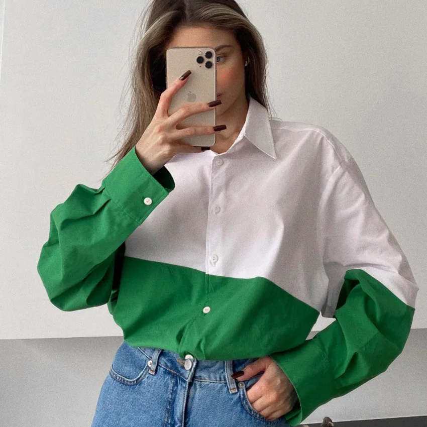 

2022 New Women's loose casual long sleeve button down turn down collar contrast color patchwork top fashion Spring blouse shirt