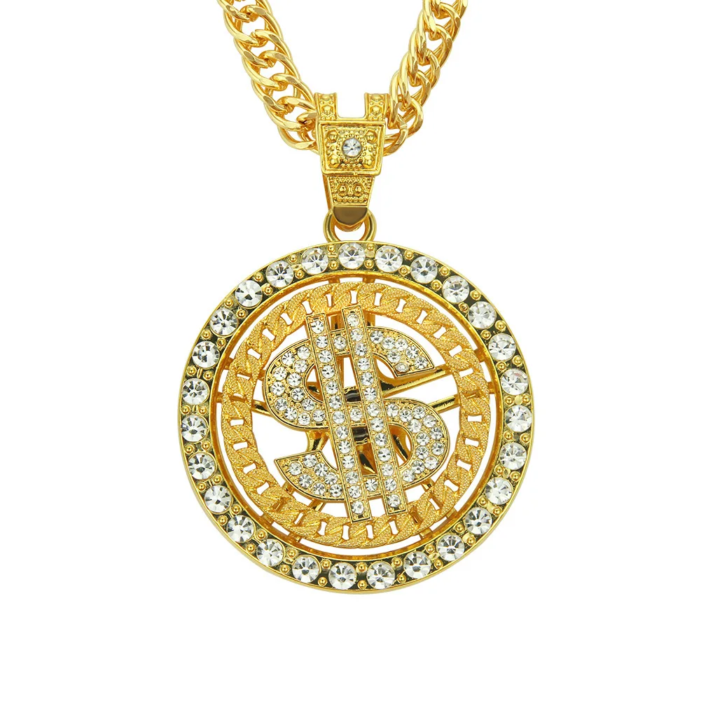 

2021 Hip-hop Jewelry Iced Out Zircon Gold Plated Blingbling Necklace Rotatable Dollar $ Logo Pendant Cuban Chain Necklace