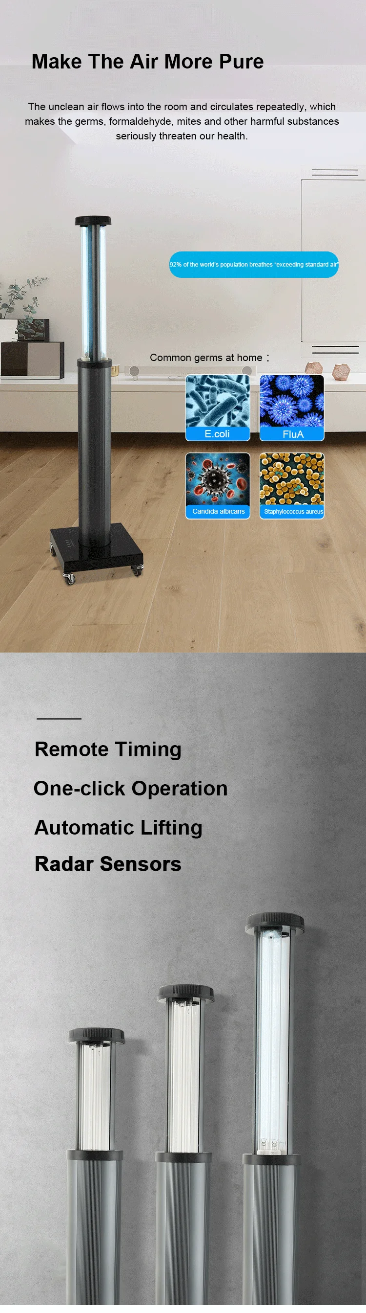 150W Human Body Induction Automatic Switch UV Sterilizer Lamp Intelligent Automatic Telescopic UVC Disinfection light