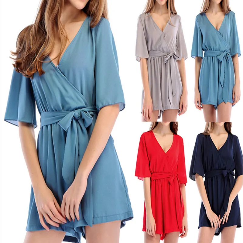 

2021 hot sale spring temperament V-neck loose sleeves jumpsuit female spot factory direct sales