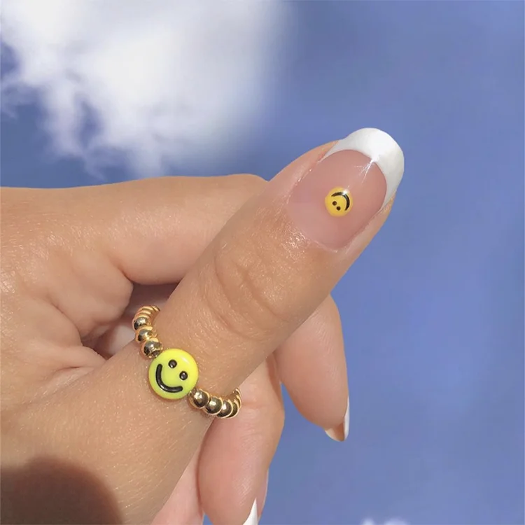 

New Dainty Minimalist Bling Gold Plated Bead Smile Face Smiley Rings For Women Ladies, Clear