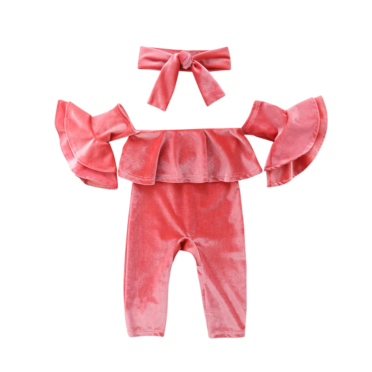 

2 Pcs New Fashion Toddler Kids Baby Girls Clothes Set Velvet Cotton Layers Flare Sleeve Romper Pink Jumpsuit Sunsuit Outfits