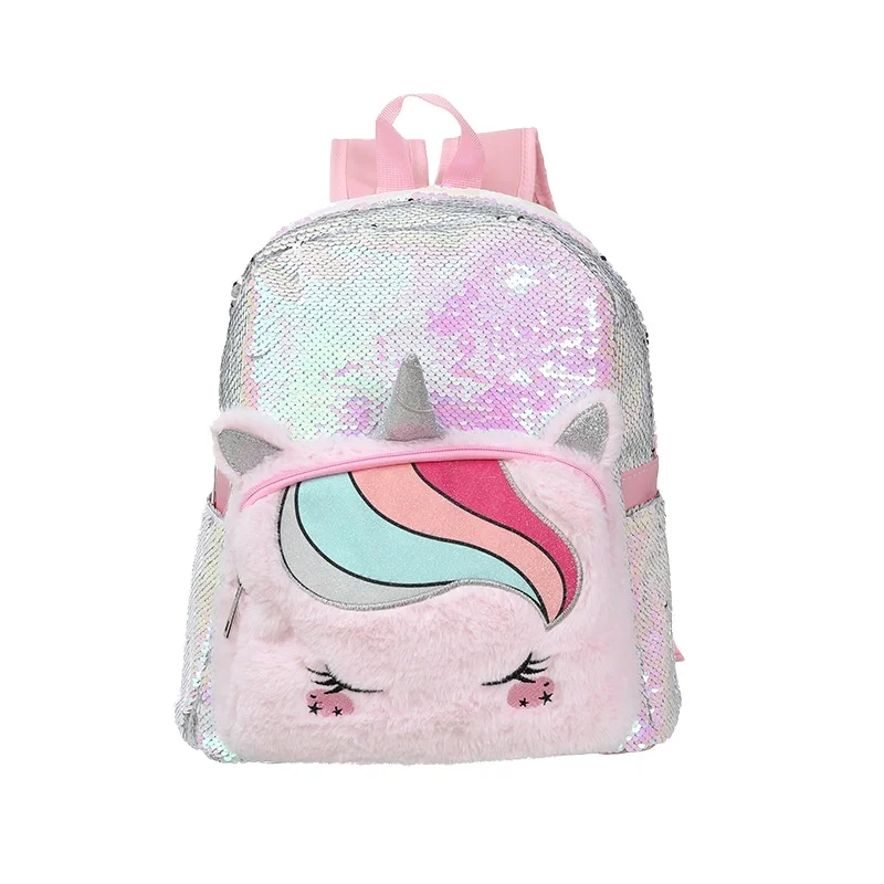 

Creative cartoon pink plush kids school bag cute sequin unicorn backpack