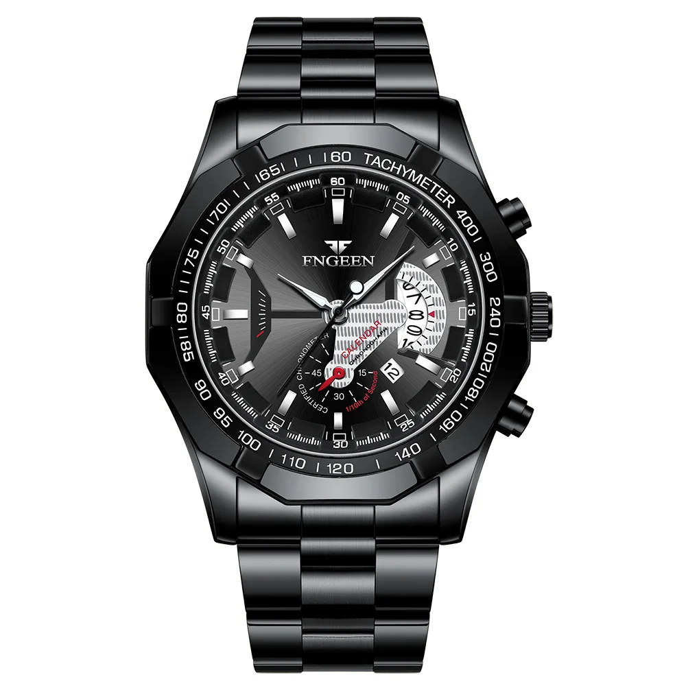 

FNGEEN S001 black luxury mens quartz watch stylish Stainless steel band Waterproof auto date low price business wrist watch