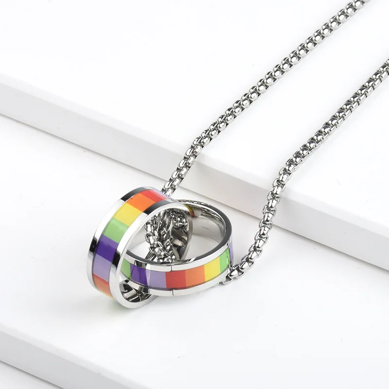 

Manufacturers titanium steel necklace hot selling colorful red flag pendant six color double circle pendant