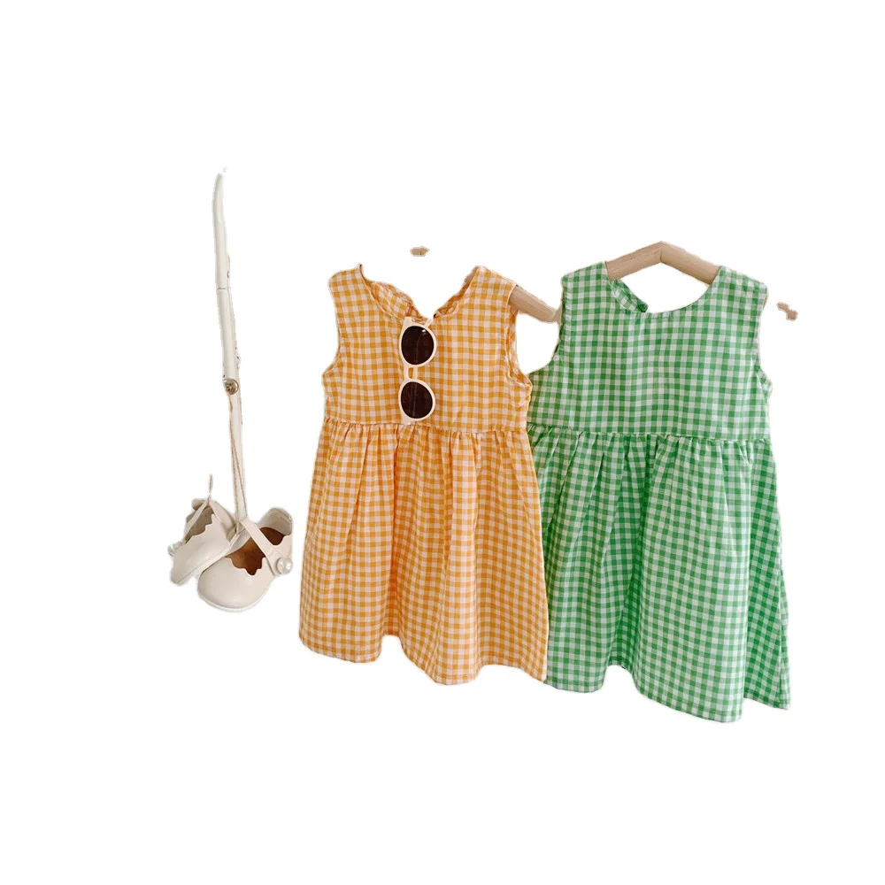 

Summer little girls' plaid dresses children cotton skirts kids short sleeve dress, As picture