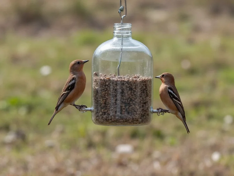 Songbirds feeding at homemade bottle feeder in backyard